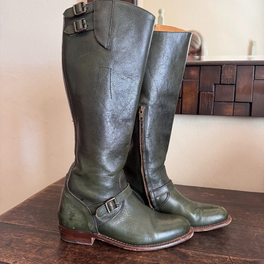 Frye Women Knee High Dorado Buckle Riding Boot dark green sz 7